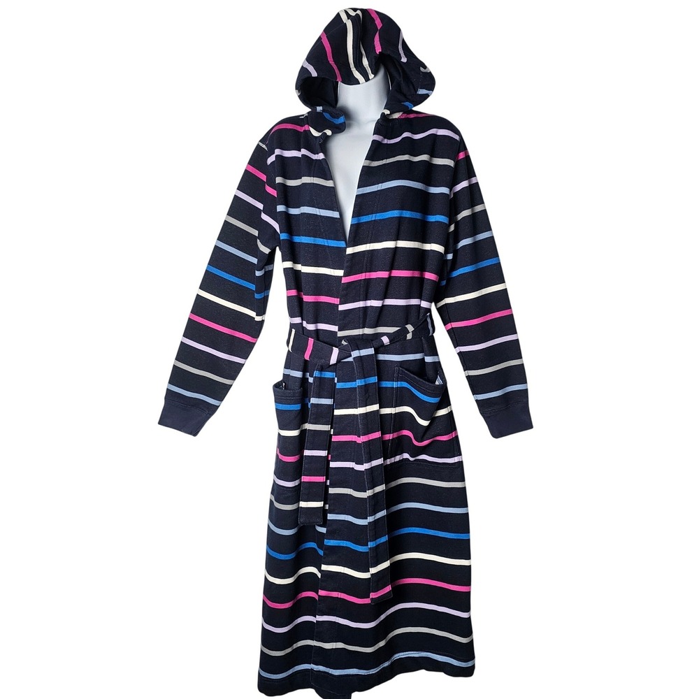 Lands End Serious Sweats Hooded Robe Womens L 14/16 Navy Striped Bathrobe Fleece